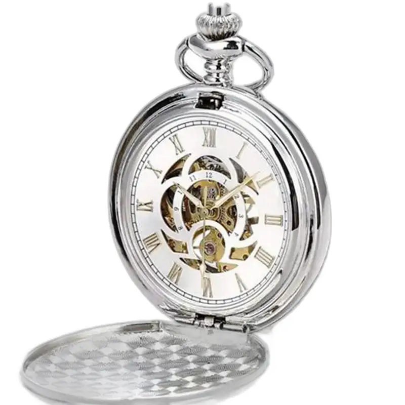 Elegantné strieborné mechanické vreckové hodinky s dvojitou klapkou