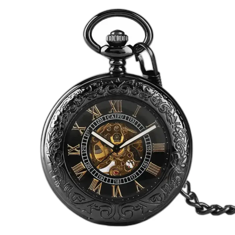 Čierne automatické vreckové hodinky Steampunk Iridium v rafinovanom irídiovom vrecku