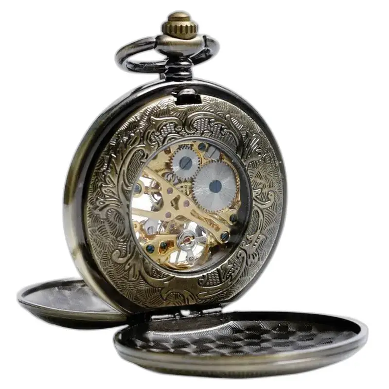 Luxusné vintage mechanické vreckové hodinky s odhalenými bronzovými prevodmi