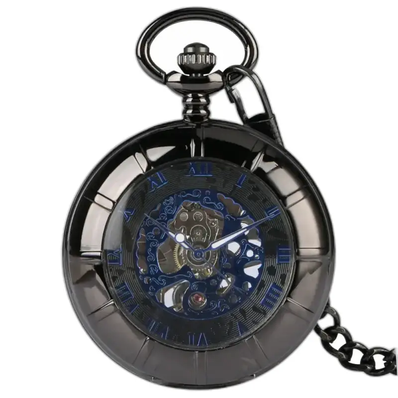 Modré pánske mechanické vreckové hodinky Venom s elegantným čiernym puzdrom
