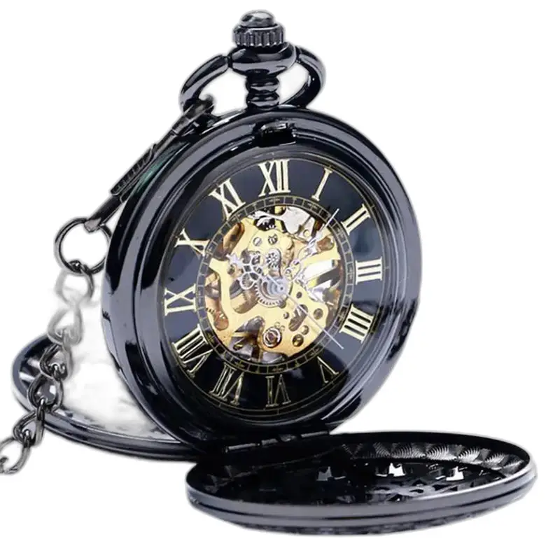 Elegantné čierne mechanické vreckové hodinky, elegantné a rafinované čierne mechanické vreckové hodinky