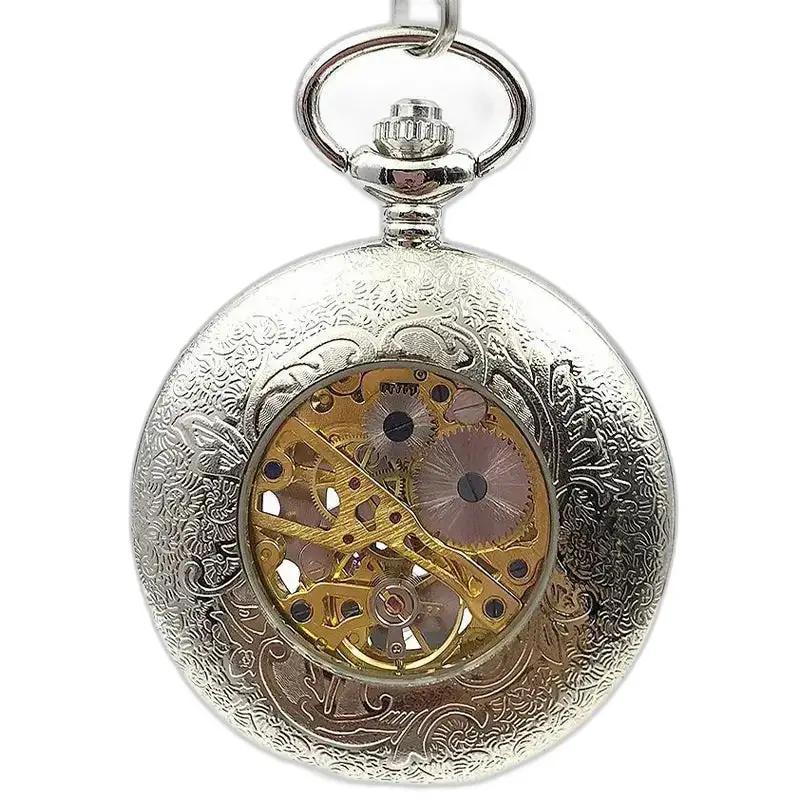Mechanické vreckové hodinky Silver Flower Chic s viditeľným strieborným mechanizmom