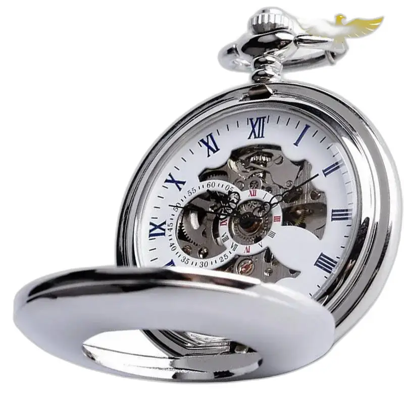 Luxusné mechanické vreckové hodinky Skeleton v striebornej farbe s viditeľným mechanizmom