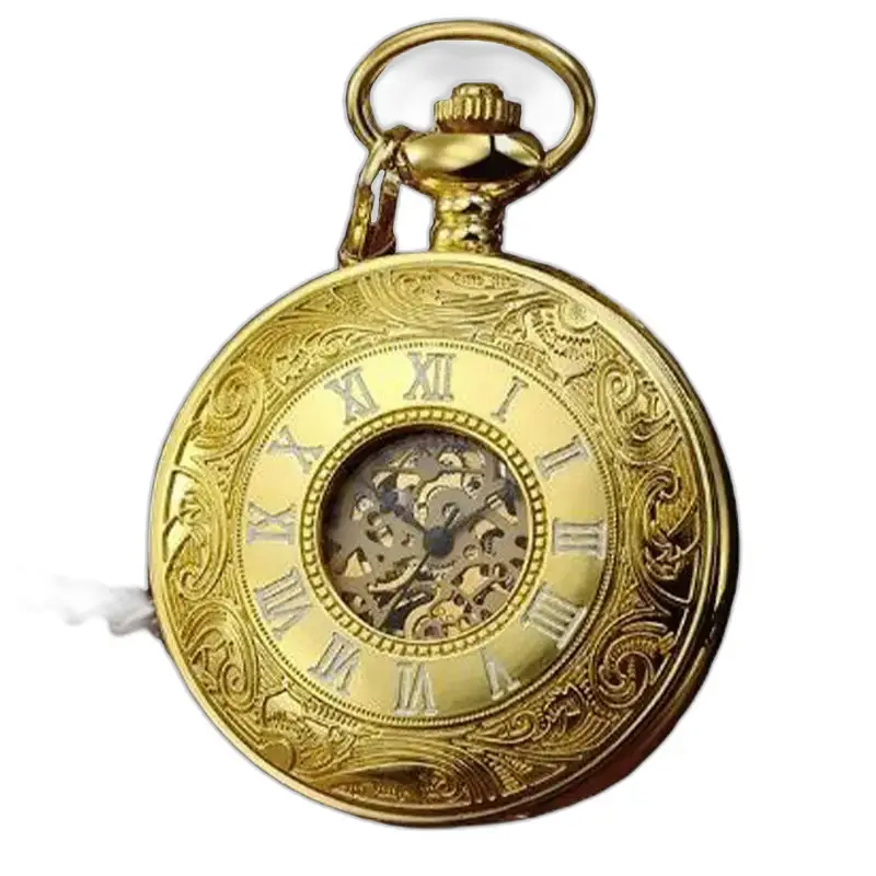 Elegantné mechanické moderné vreckové hodinky so zlatým ornamentom na elegantnom pozadí