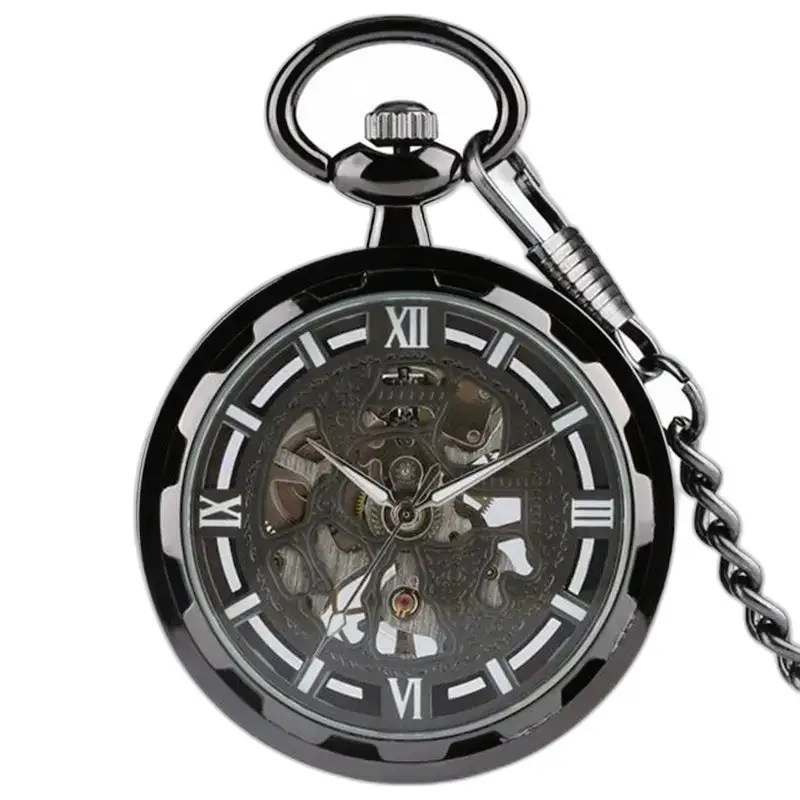 Elegantné vreckové hodinky s mechanickým skeletom s retiazkou a elegantným čiernym dizajnom