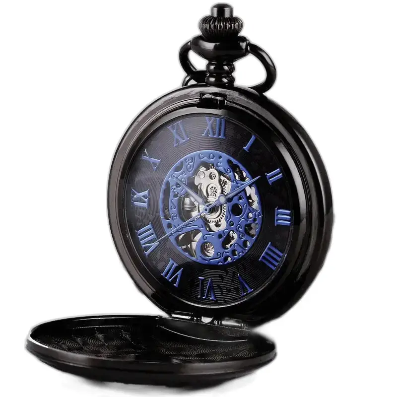 Vreckové hodinky Steampunk Double Demi Hunter Chic s modrými rímskymi číslicami