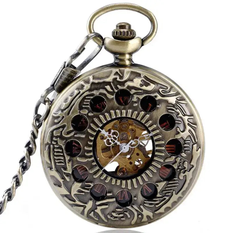 Zdobené bronzové vreckové hodinky vo vintage štýle s vnútornými mechanizmami