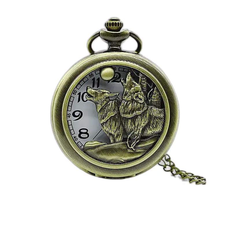 Vintage náhrdelníkové hodinky Loups Pleine Lune s elegantnými bronzovými vlčími hodinkami