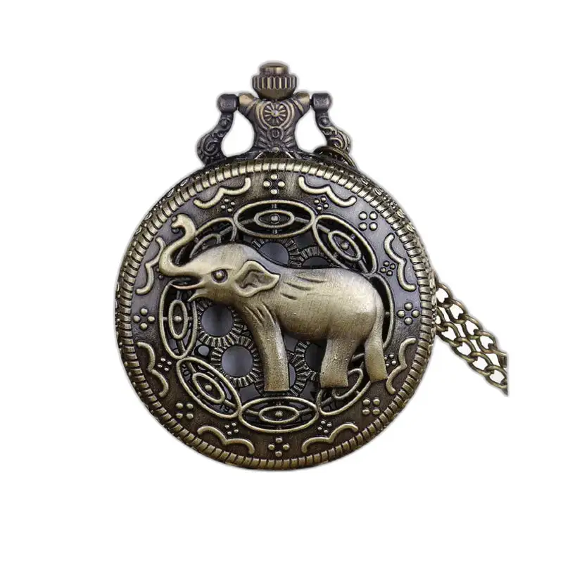 Bronzové slonie vreckové hodinky Vintage Elephant Necklace Watch White Dial Elegant