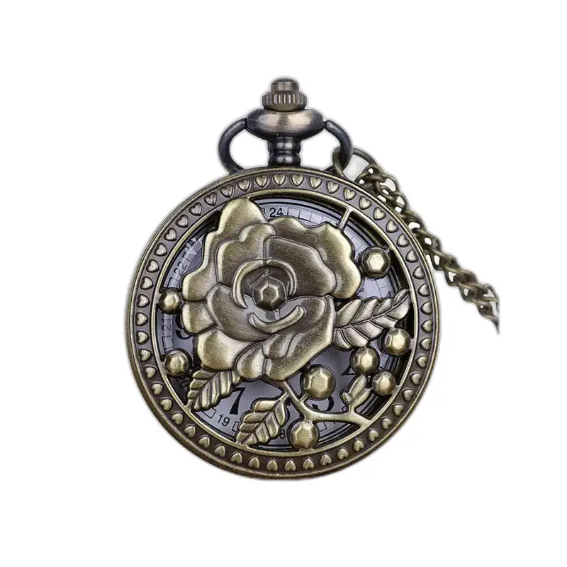 Vintage Rose Flower Bronze náhrdelník hodinky s jemným ciferníkom v tvare ruže
