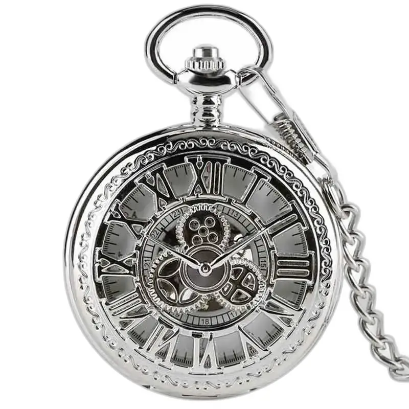 Luxusné vreckové hodinky Silver Diamond Gusset s retiazkou, elegantný skeletonizovaný dizajn