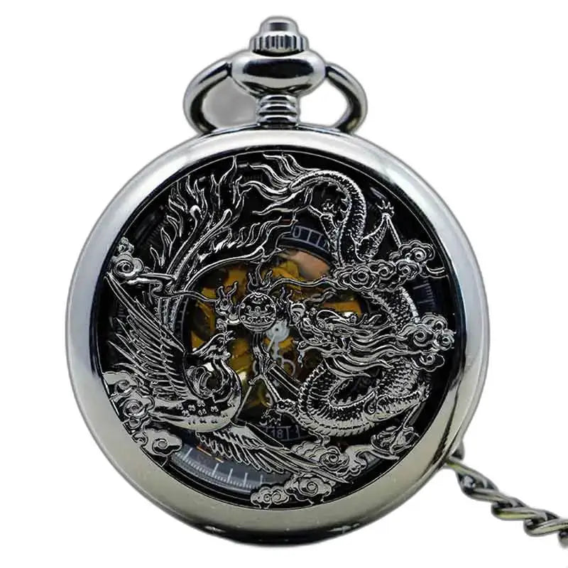 Vreckové hodinky Steampunk Erbium Luxe Gusset s dizajnom draka a fénixa v striebornej farbe