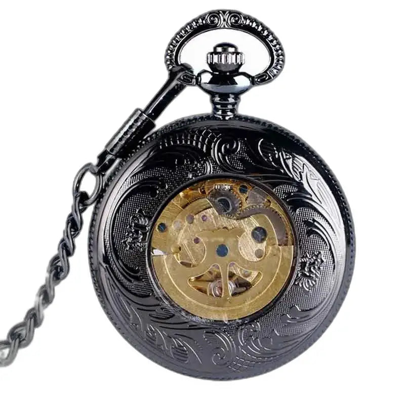 Vreckové hodinky Steampunk Rhodium Gusset s ozdobným dizajnom v čiernej farbe