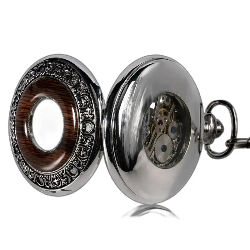 Luxusné pánske mechanické vreckové hodinky Wood Prestige s viditeľným kovovým mechanizmom