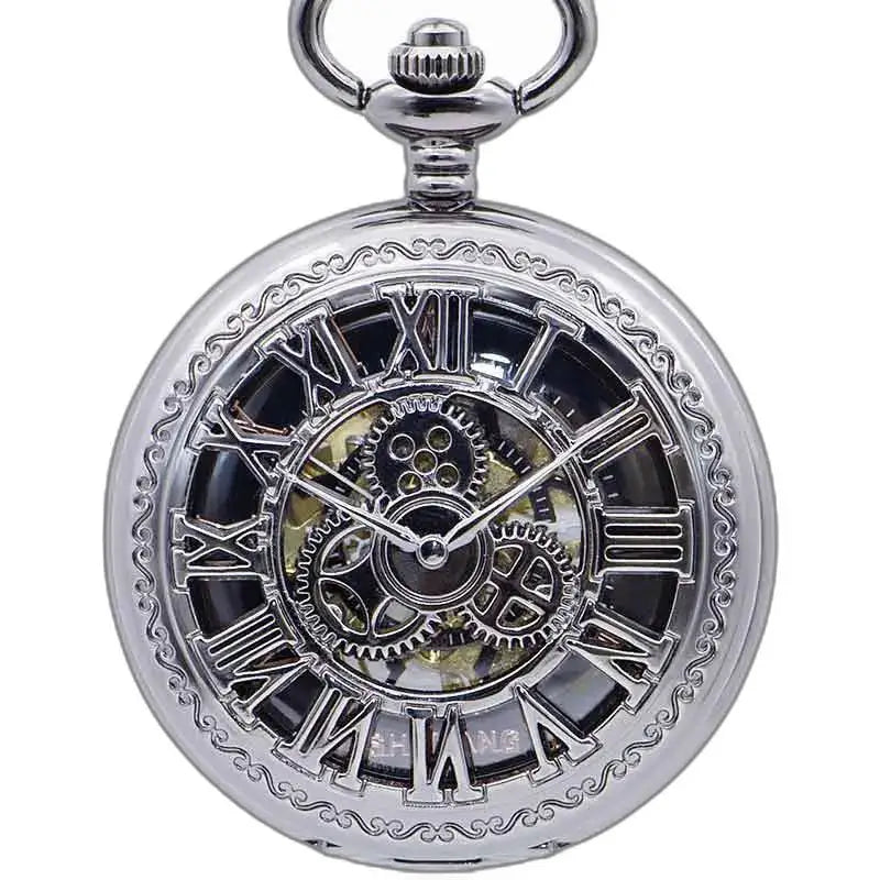 Steampunk vreckové hodinky s ozubenými kolesami, elegantné strieborné vreckové hodinky