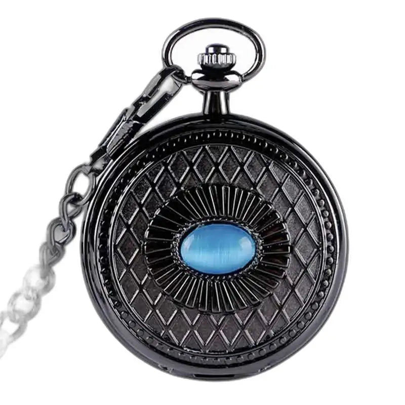 Mechanické steampunkové vreckové hodinky s modrým zafírom a elegantným čiernym puzdrom
