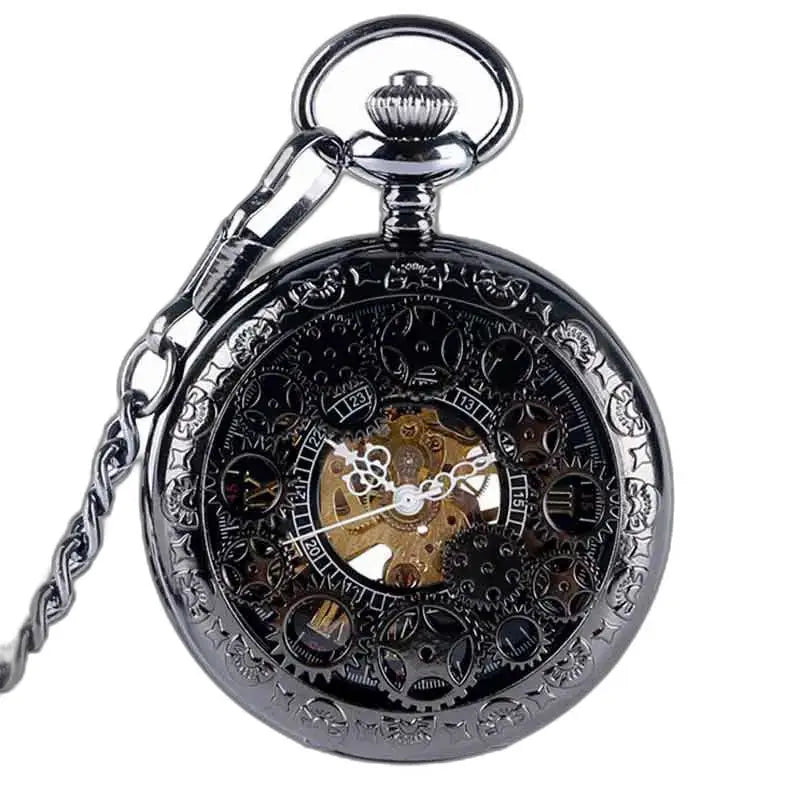 Steampunkové vreckové hodinky s viditeľným mechanizmom a elegantnou čiernou retiazkou