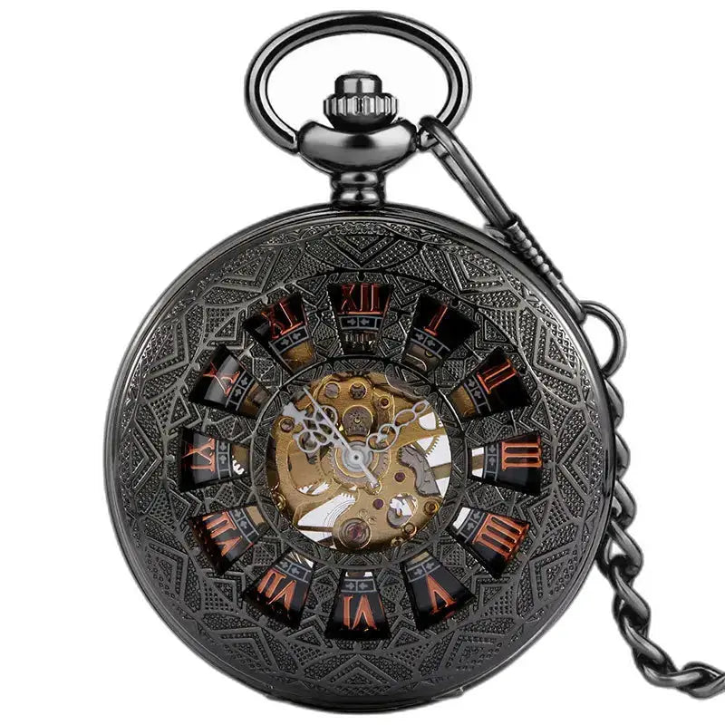Vreckové hodinky Steampunk Iridium Gothic Design so zdobeným čiernym ciferníkom