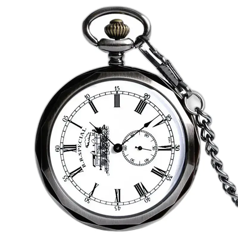 Montre à gousset en métal argenté avec chaîne et mouvement mécanique vintage