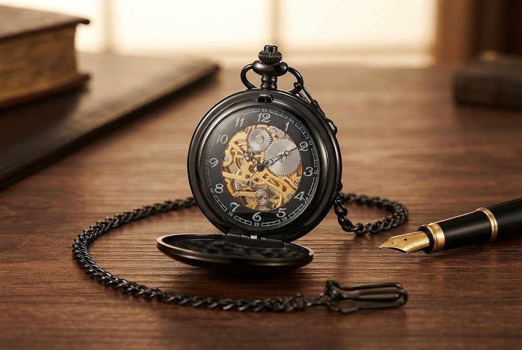 Montre à Gousset Mécanique Chasseur Homme - Noir laqué, rouages dorés