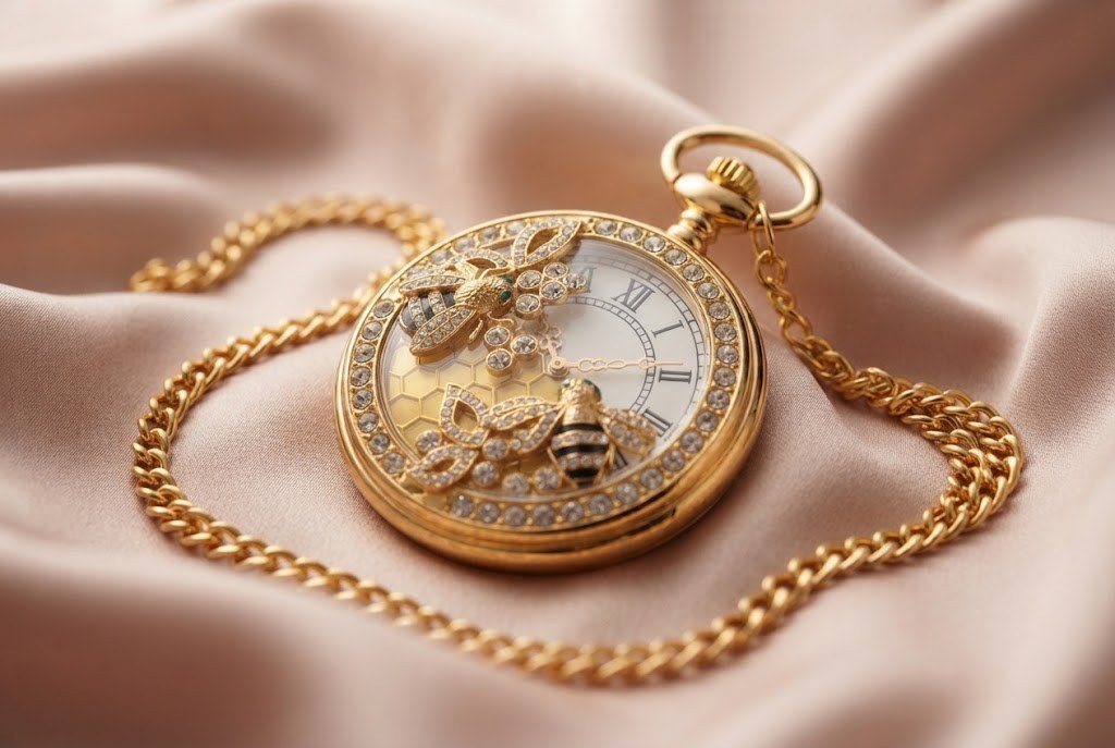 Montre à Gousset Quartz Abeille Femme Collier - Doré, strass et nid d'abeille
