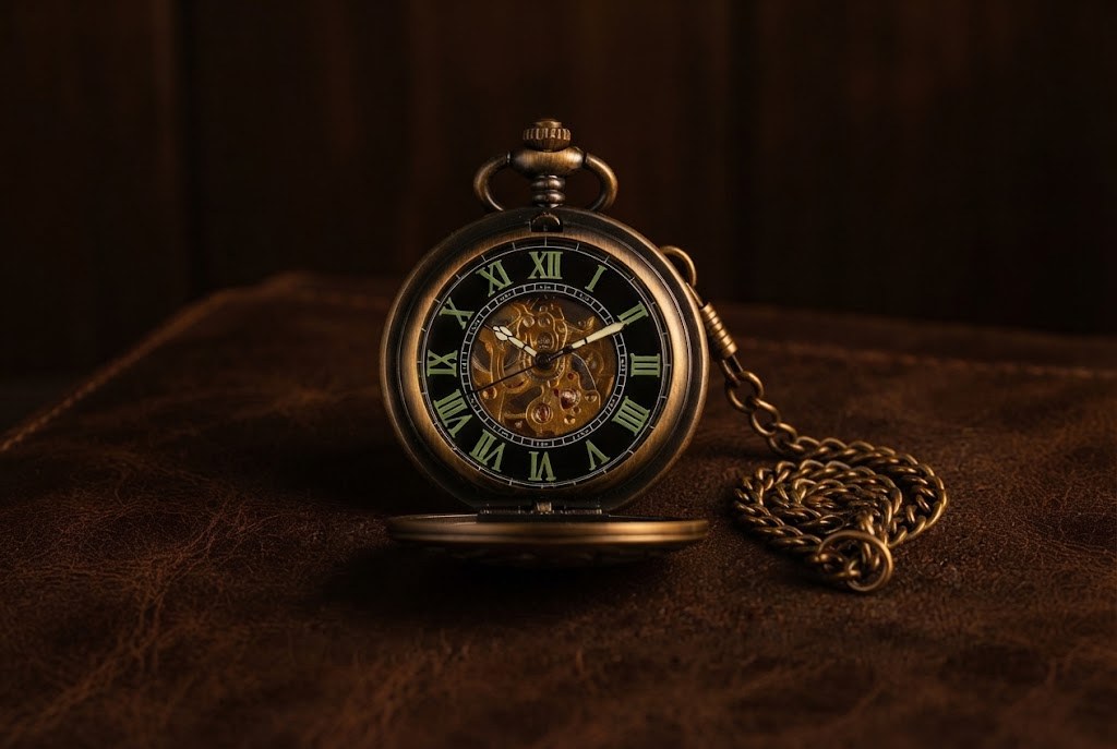 Montre à Gousset Mécanique Gravée Homme - Bronze brossé, chiffres lumineux