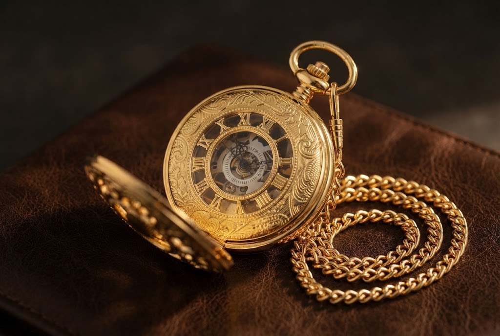 Montre à Gousset Mécanique Double Chasseur - Doré ciselé, rouages en lumière